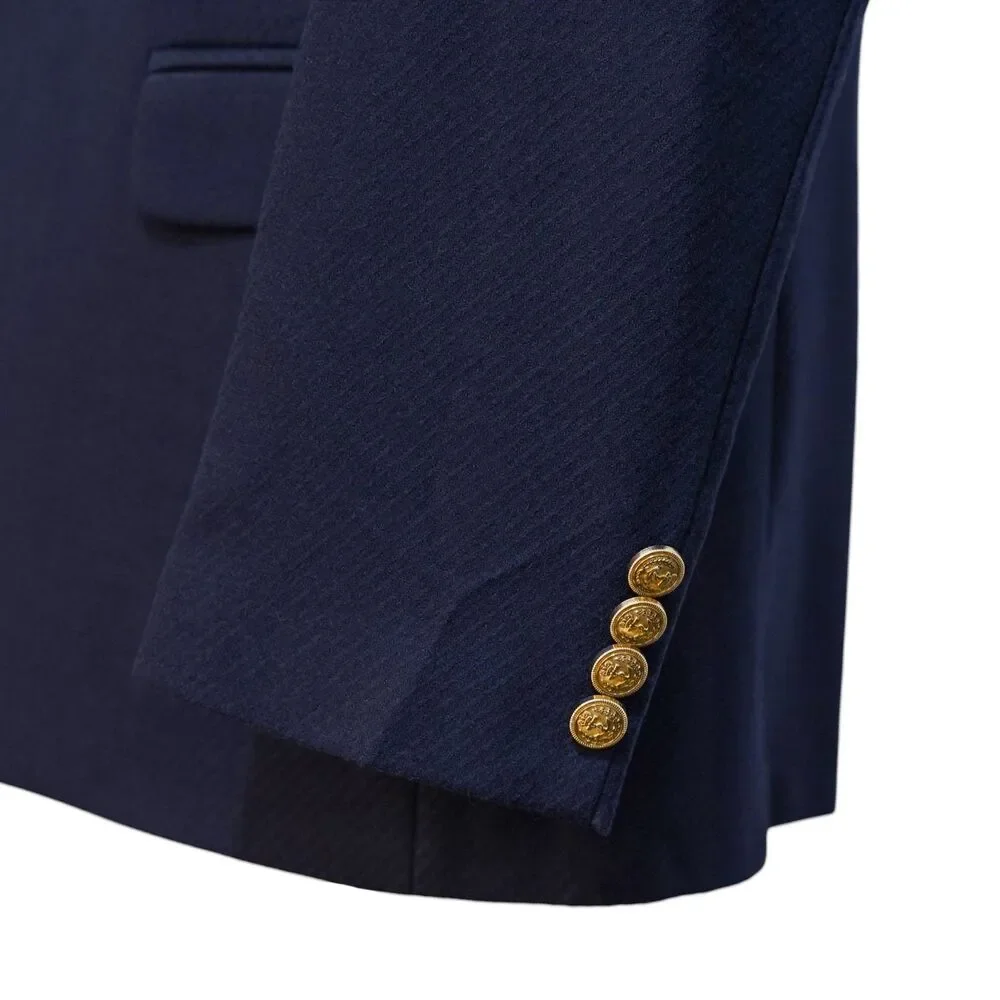Mens 42R Navy Blue Wool Blazer Hand Embroidered Gold Paisley Tuxedo Suit Jacket